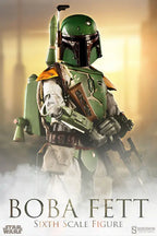 Boba Fett sixth-scale figure in weathered green armor holding a blaster rifle, with a jetpack and helmet rangefinder visible in a smoky promotional poster